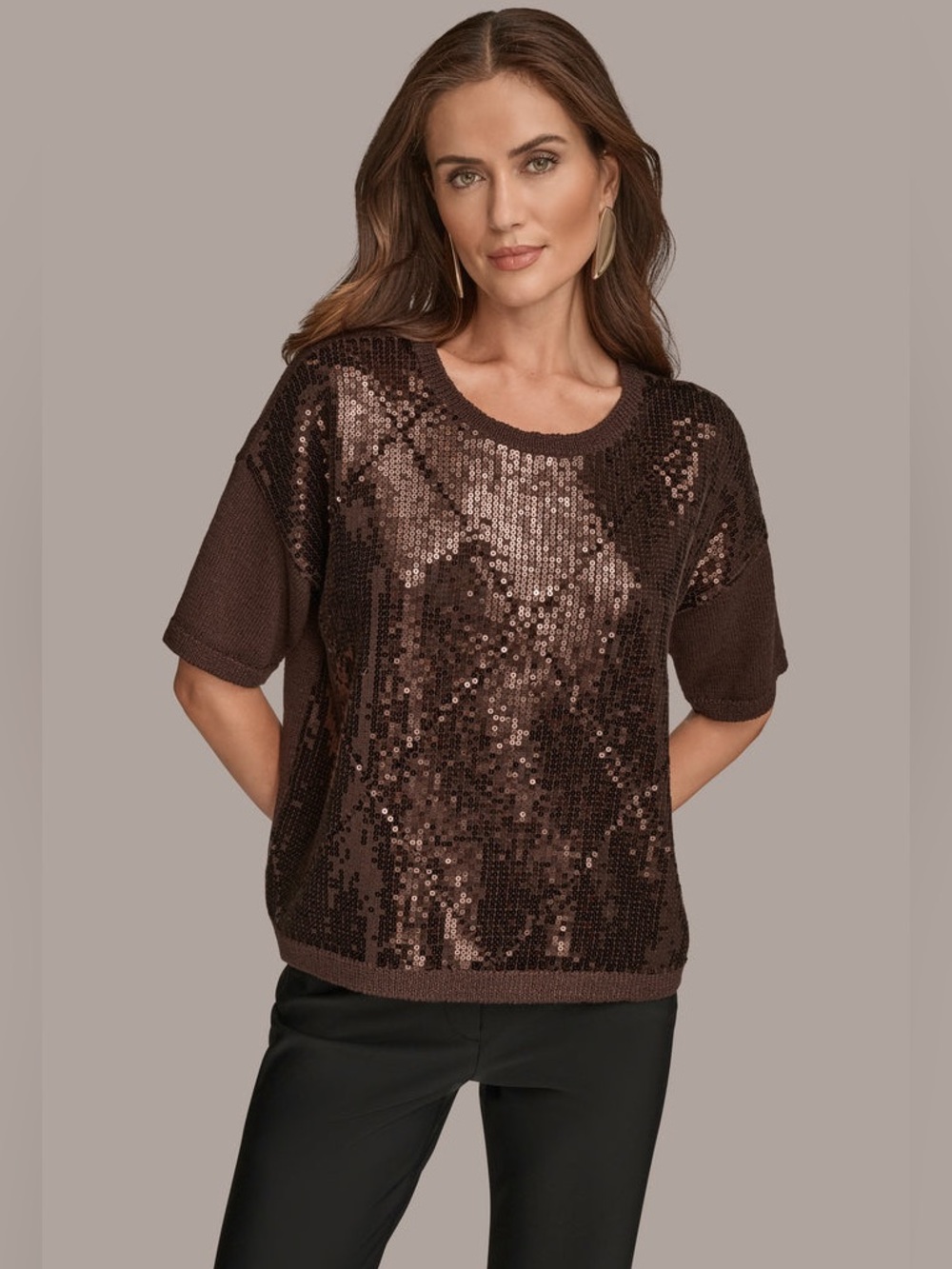 Donna Karan Sequin-Paneled Diamond Stitch Sweater in Chocolate Brown NWT - Picture 1 of 11
